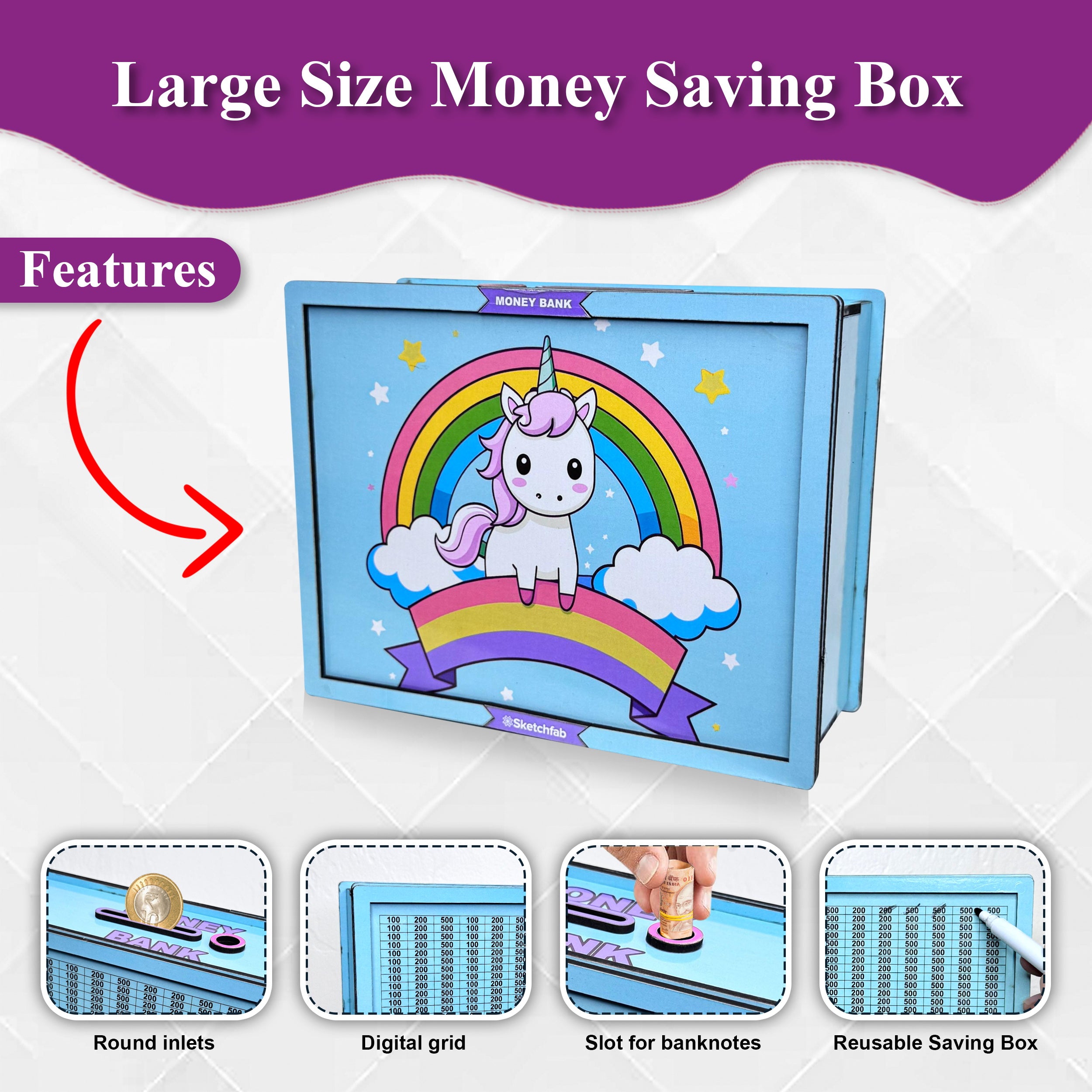 Sketchfab 1 Lakh Money Saving Piggy Bank (Unicorn Blue)