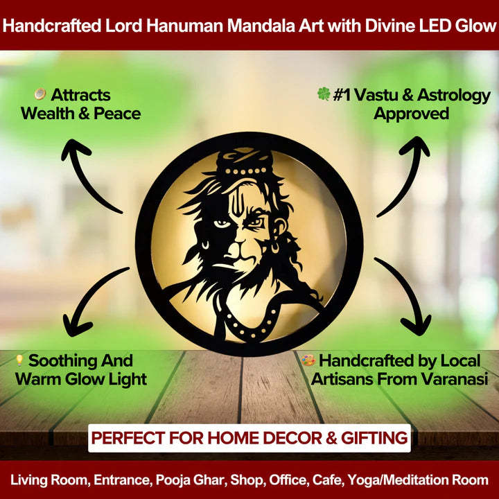 🕉️ Lord Hanuman Mandala Art with Backlight (🎁 FREE 📿 Rudraksha Bracelet 🎁