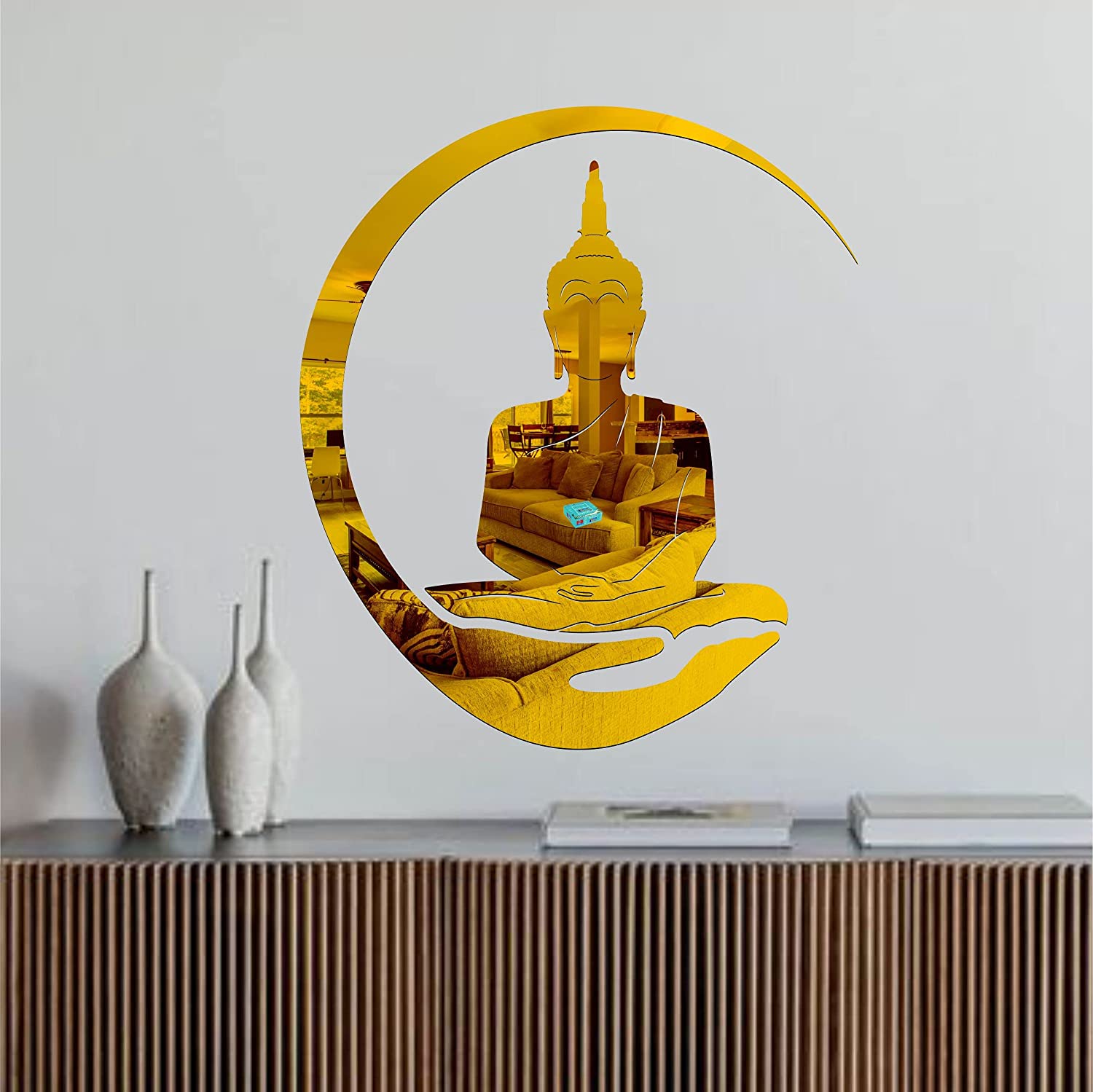 Sketchfab Buddha Meditation Golden 3D Acrylic Mirror Wall Sticker Decoration for Kids Room/Living Room/Bedroom/Office/Home Wall
