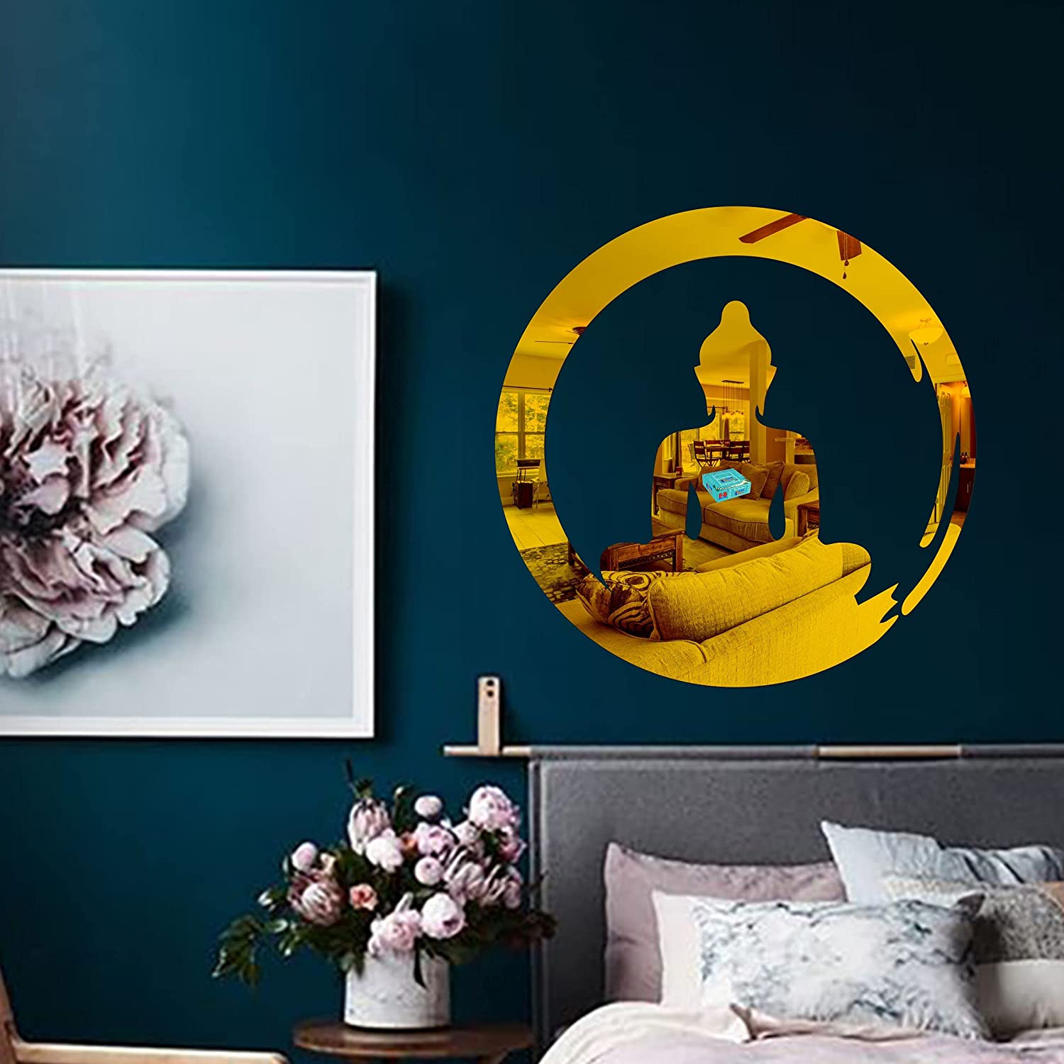 Sketchfab Acrylic 3D Buddha Circle Religious Mirror Wall Sticker (Golden), Pack of 1