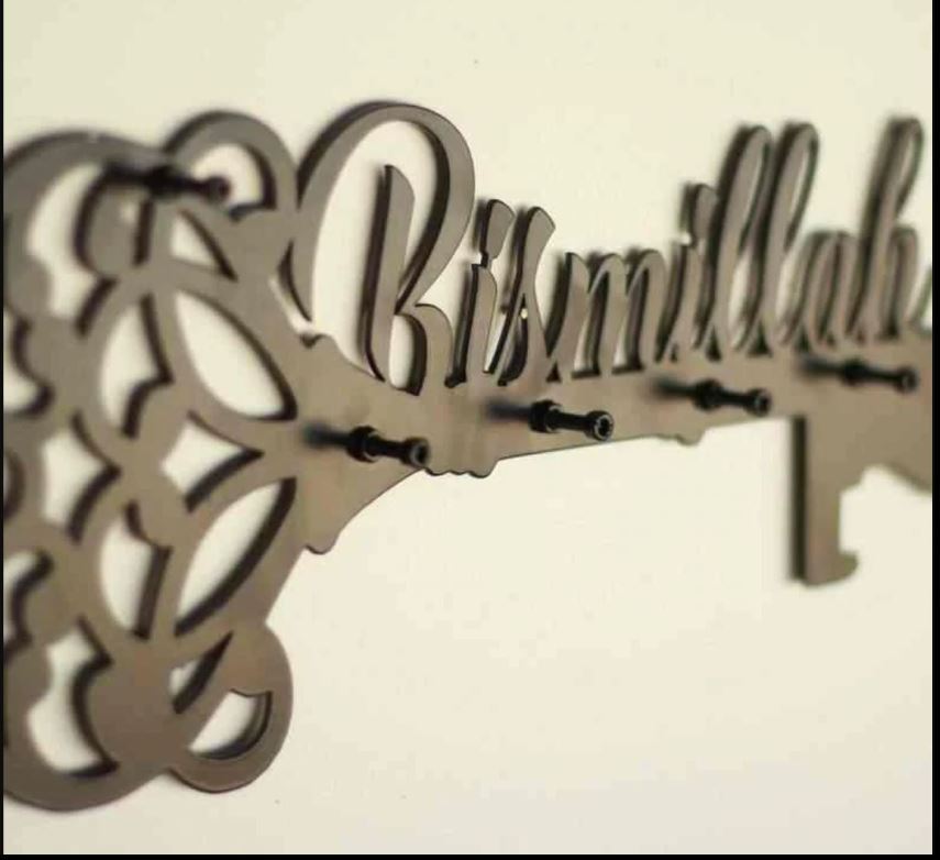 Bismillah Latin Key Holder, Basmala and Key Acrylic Calligraphy Islamic Home Decor