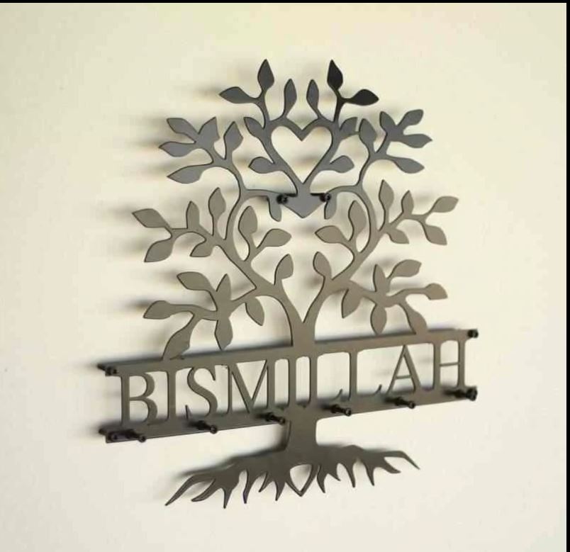 Bismillah Latin Key Holder, Basmala and Tree Acrylic Calligraphy Islamic Home Decor