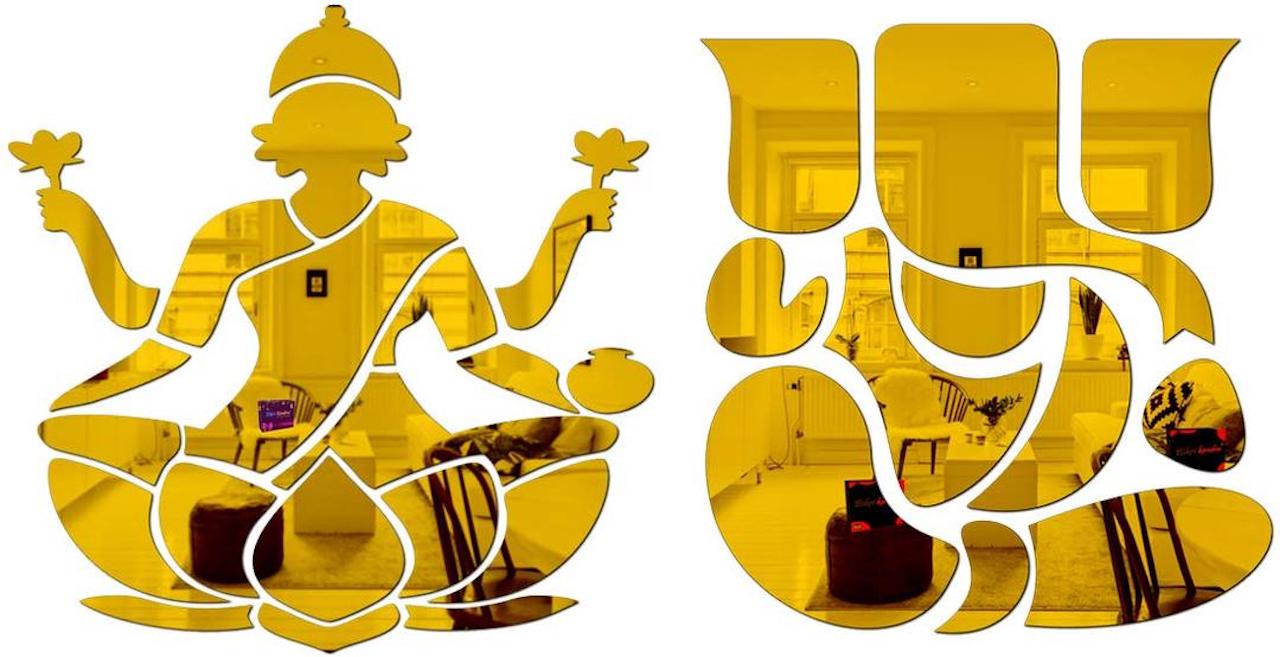 Sketchfab Art BK193, Devi laxmi Ganesh Golden - 3D Acrylic Mirror Stickers for Wall LC-1530129-1P-GD